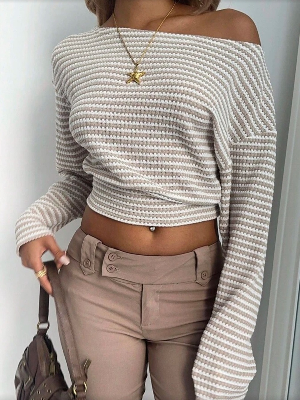 Off-Shoulder Striped Knit Crop Top in Cream and Tan